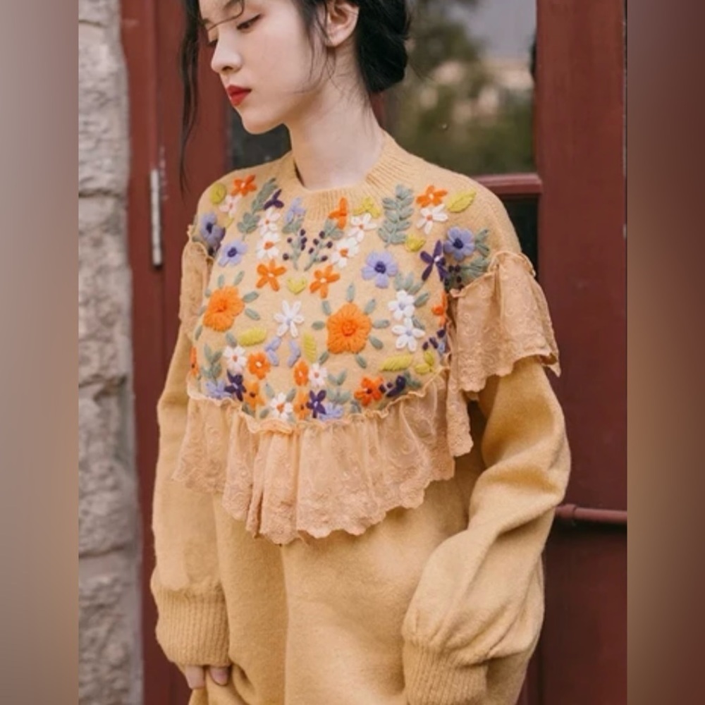 Vintage Yellow Hand Embroidered W/Lace trim Knit Dress -AMAZING-NWOT-SzM-L-😍🍂​